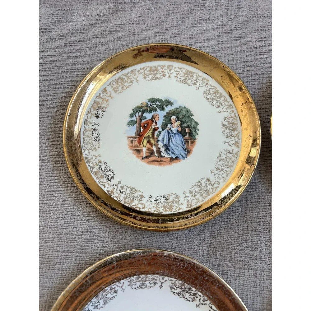 Vintage Sabin Crest-O-Gold Dessert Plates Set Of 4 Courting Couple 22K Gold